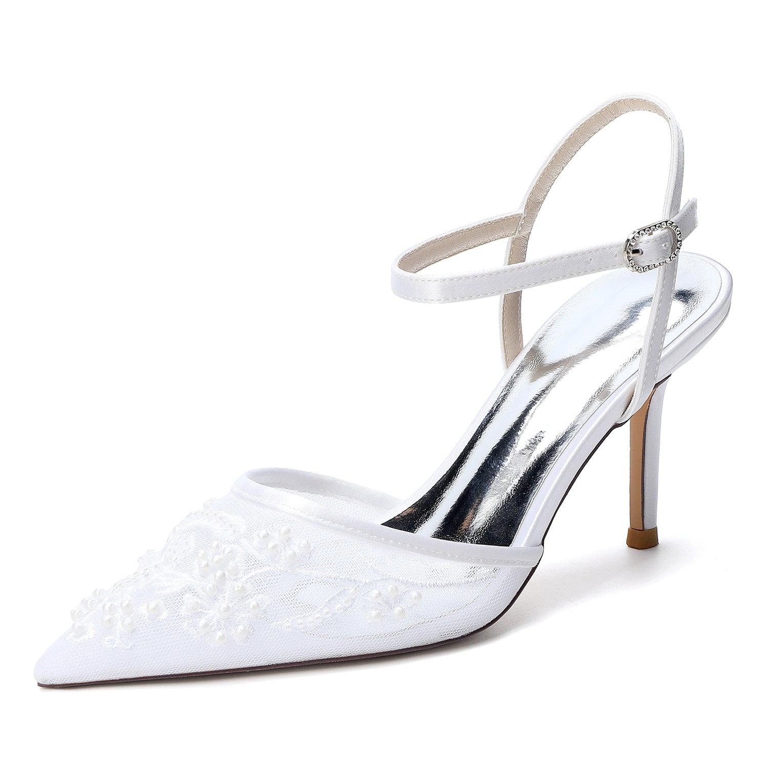 Stiletto Heel 8.5cm Lace Silk-Like Pearl Embroidered Mesh Shoes CK0502 - 10 Days / White / 35 - COCOMELODY